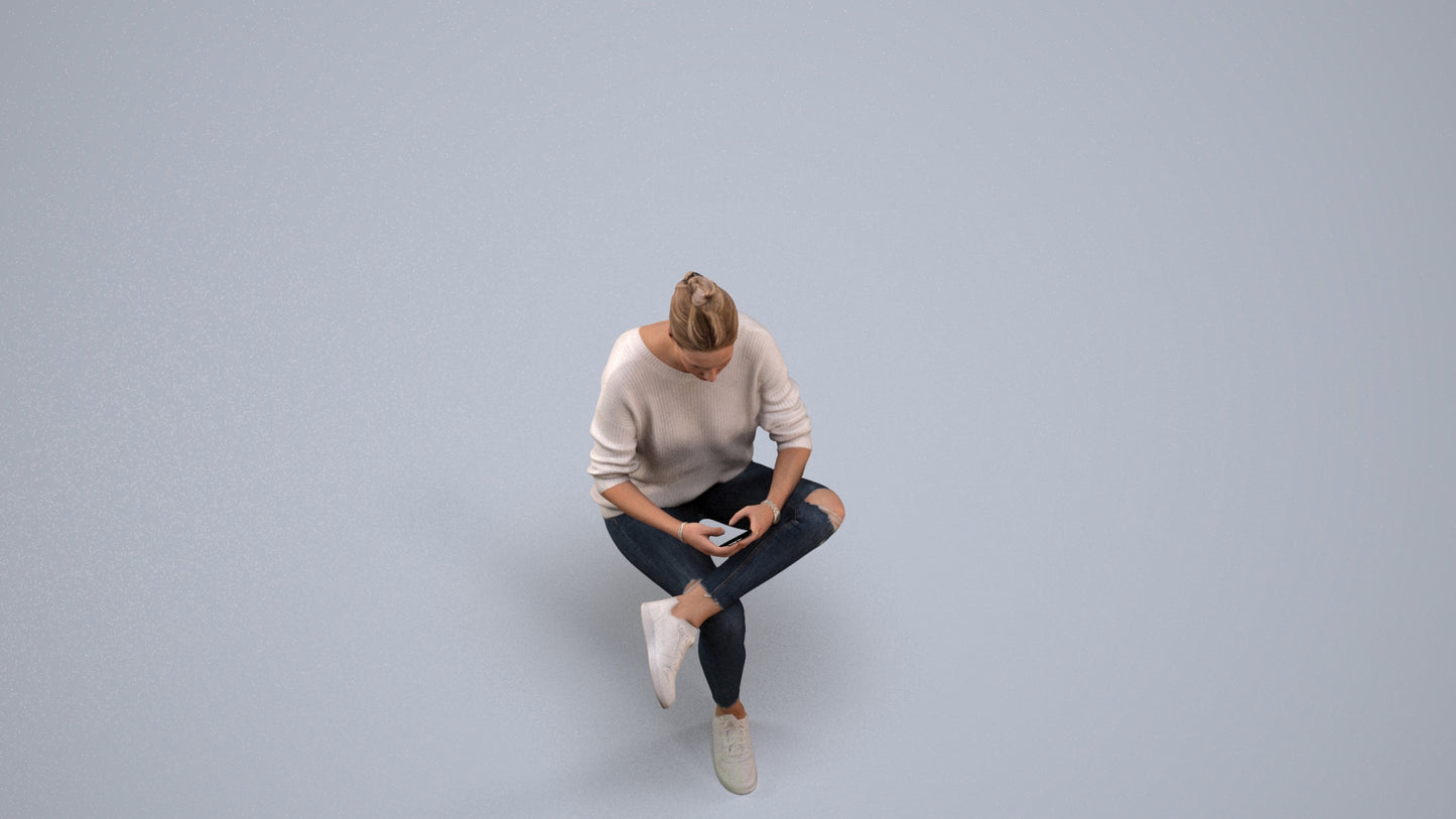 photogrammetry 3D woman casual sitting, realistic human model archviz FBX, back view render