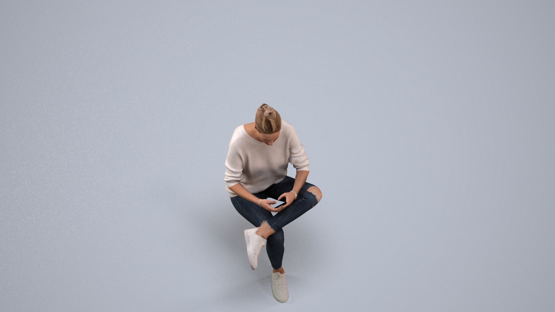 photogrammetry 3D woman casual sitting, realistic human model archviz FBX, back view render