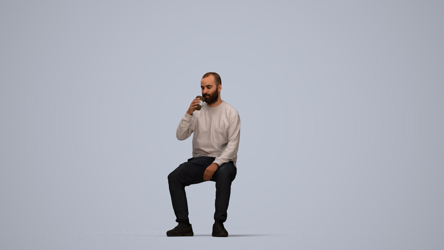 3D people model man casual sitting, scanned human for 3ds Max rendering, top-down view render