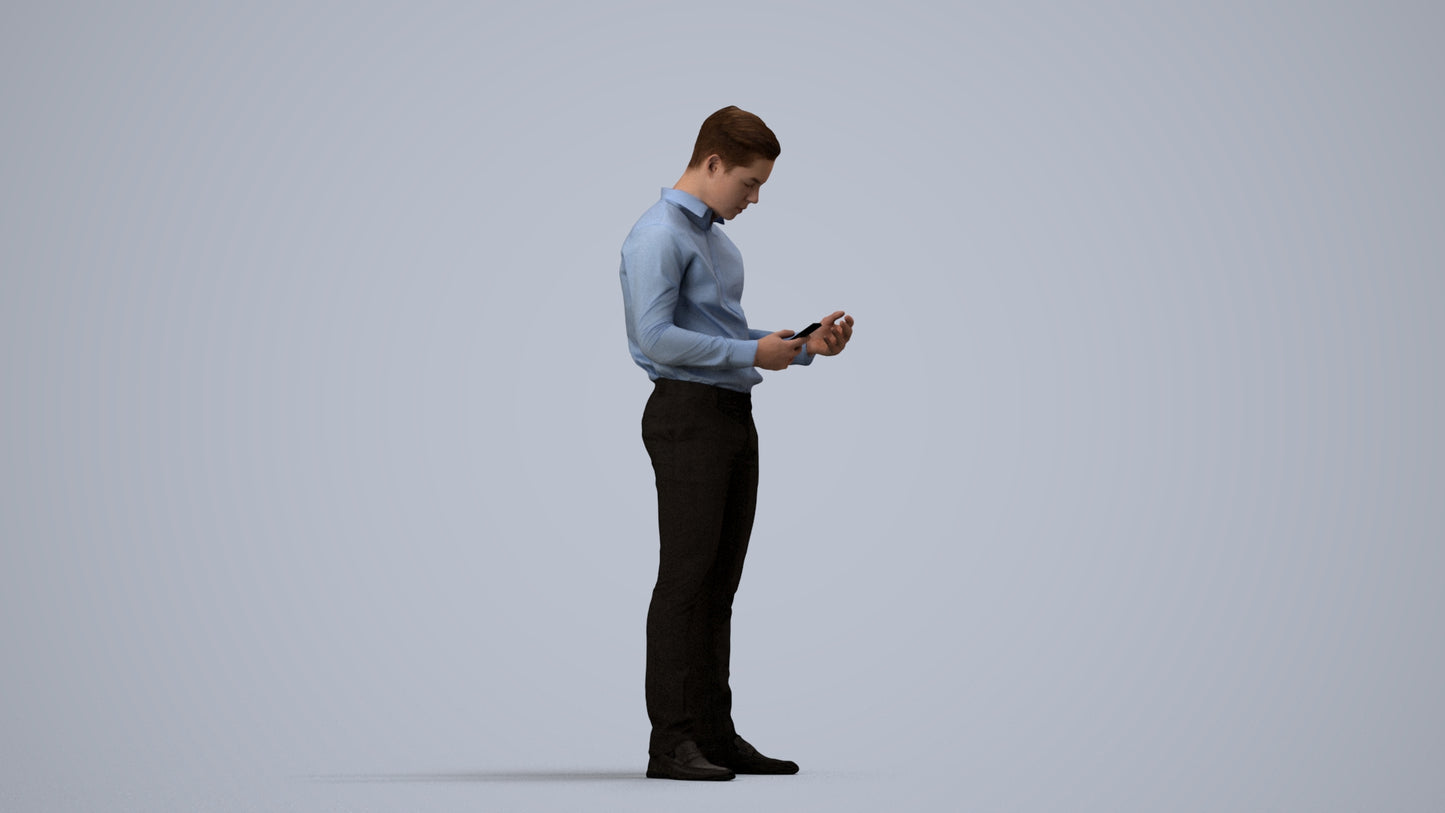 3D human model boy business kids, photogrammetry scanned person for archviz, side view render