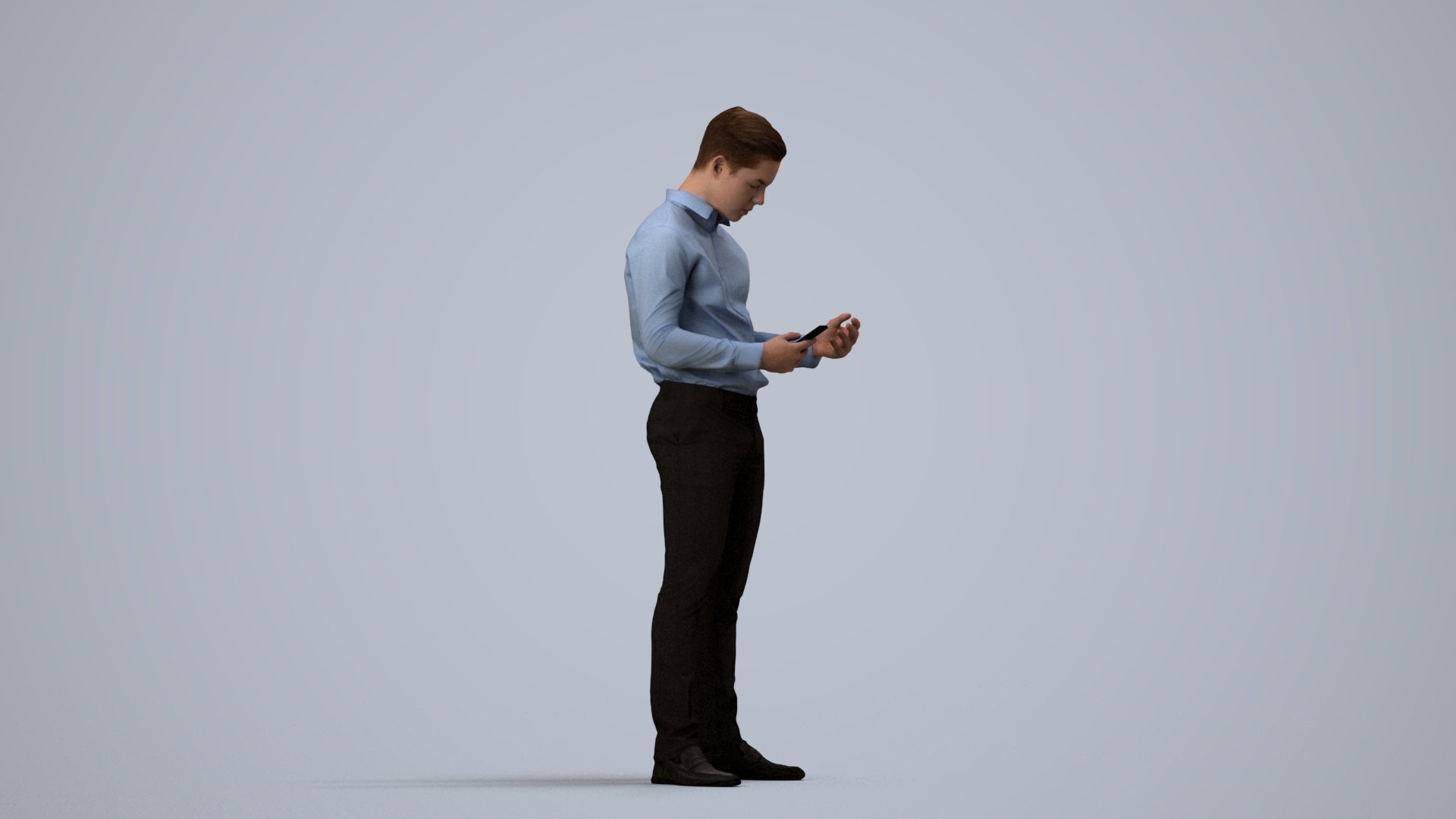 3D human model boy business kids, photogrammetry scanned person for archviz, side view render
