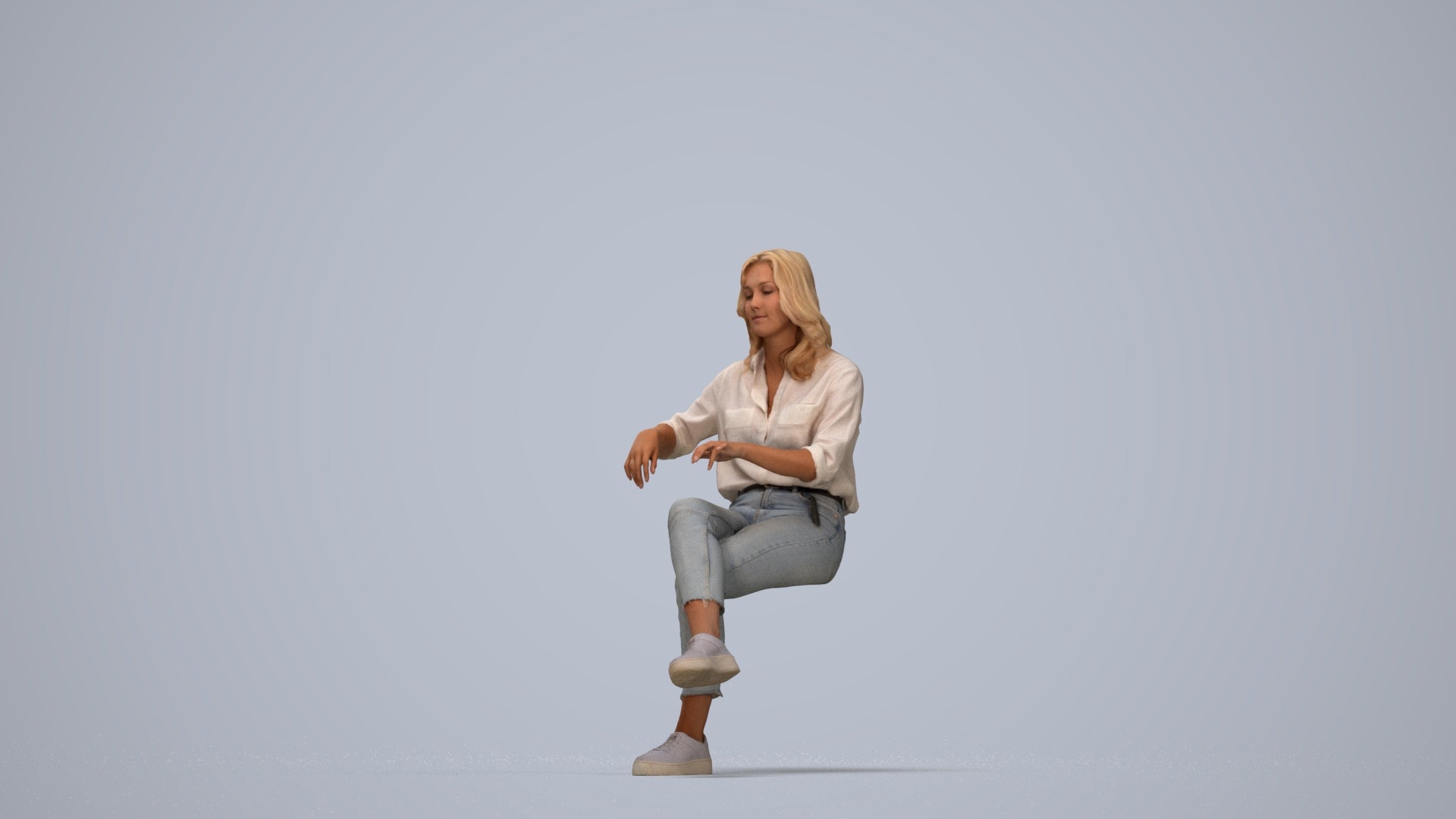 realistic 3D human woman casual sitting, archviz people FBX OBJ for Blender, top-down view render
