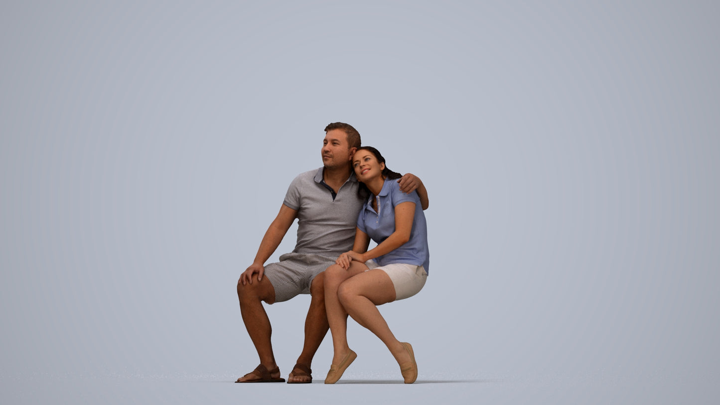 3D human model woman casual couple, photogrammetry scanned person for archviz, top-down view render