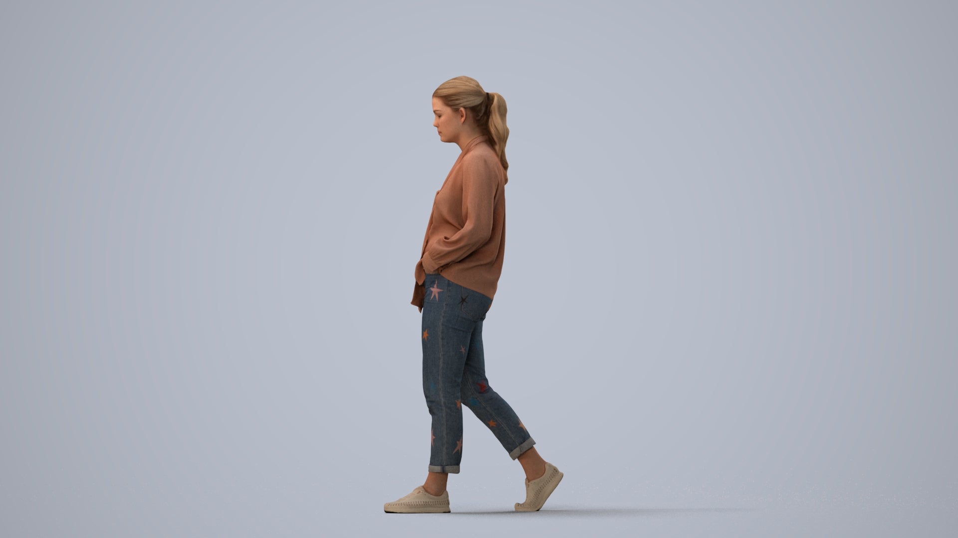 photogrammetry 3D woman casual walking, realistic human model archviz FBX, three-quarter view render