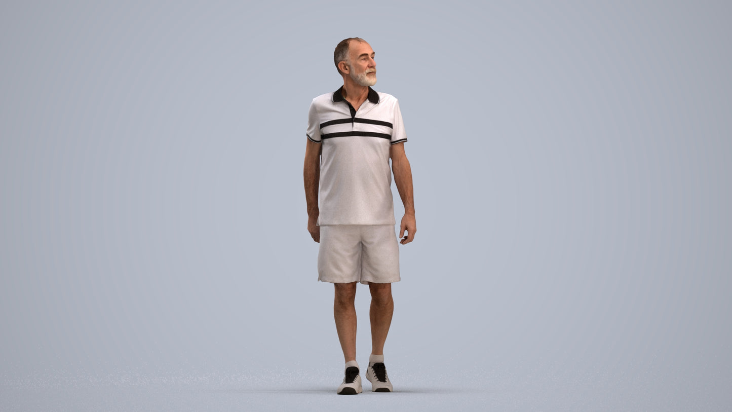 3D human model senior man sport, photogrammetry scanned person for archviz, standing pose render