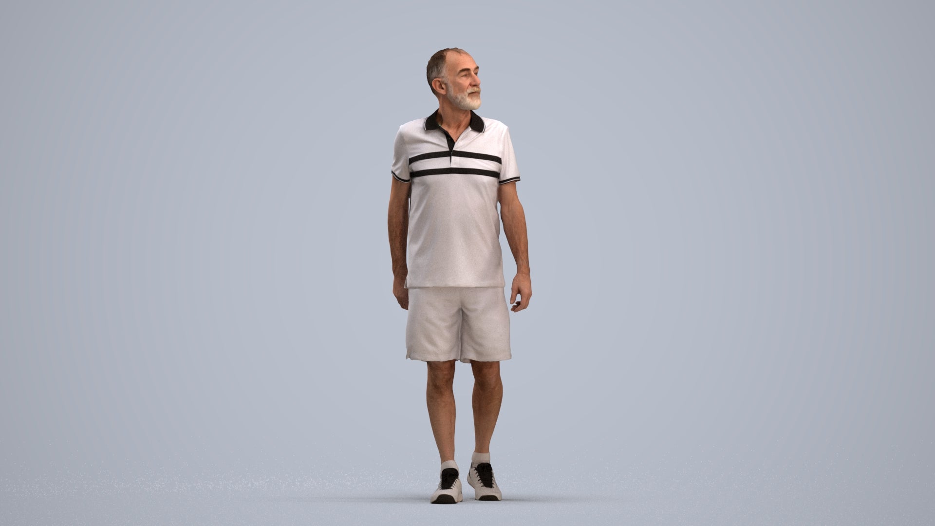 3D human model senior man sport, photogrammetry scanned person for archviz, standing pose render