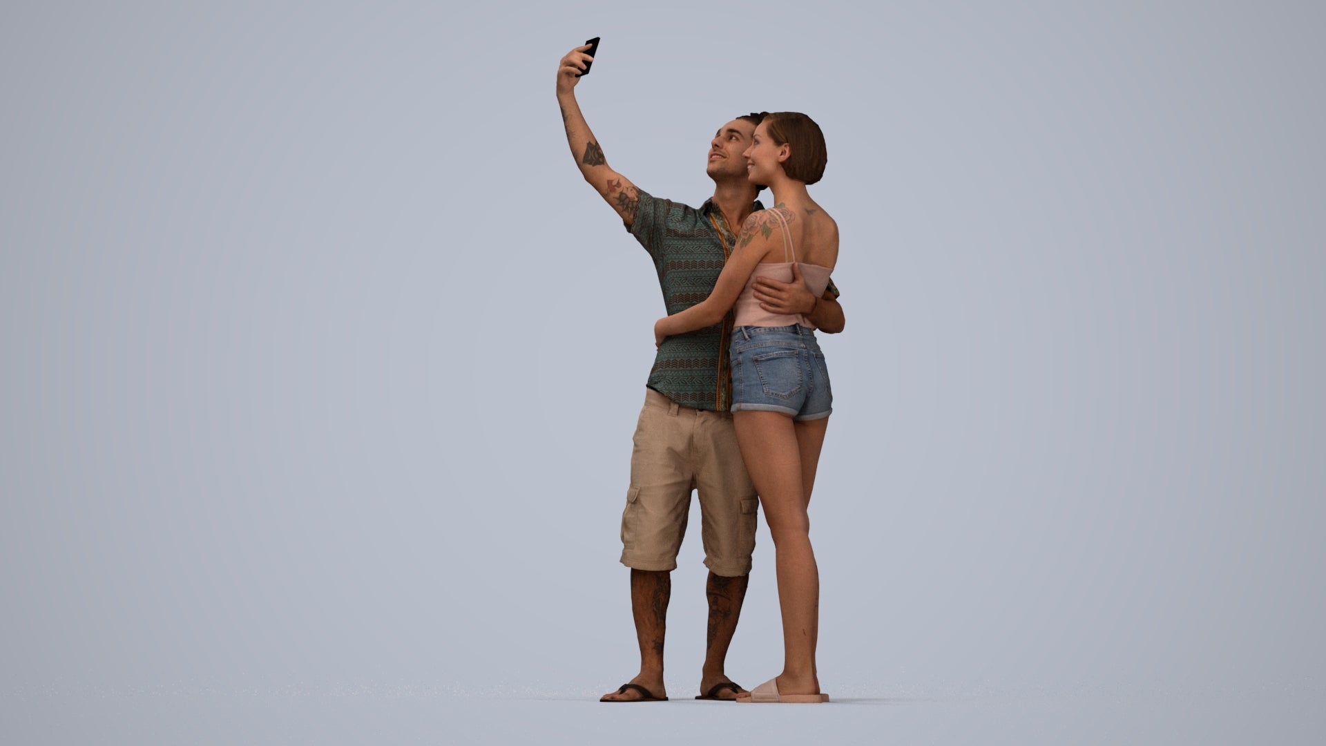 3D human model woman couple, photogrammetry scanned person for archviz, top-down view render