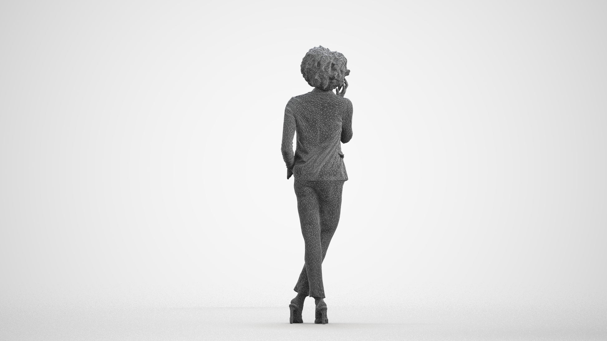 realistic 3D woman business standing, scanned archviz people for Blender and 3ds Max, wireframe front view