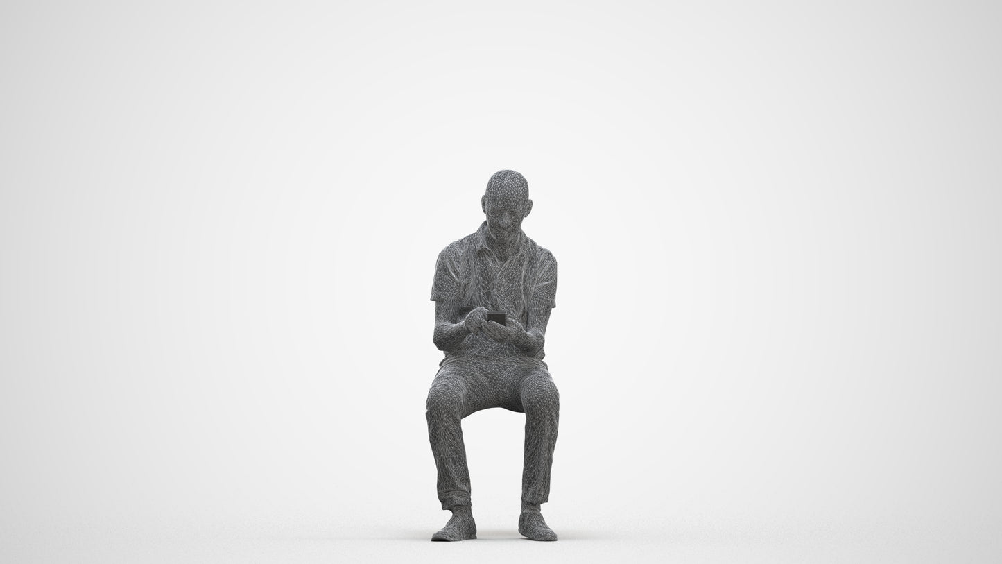 realistic 3D senior man casual sitting, scanned archviz people for Blender and 3ds Max, three-quarter front view render