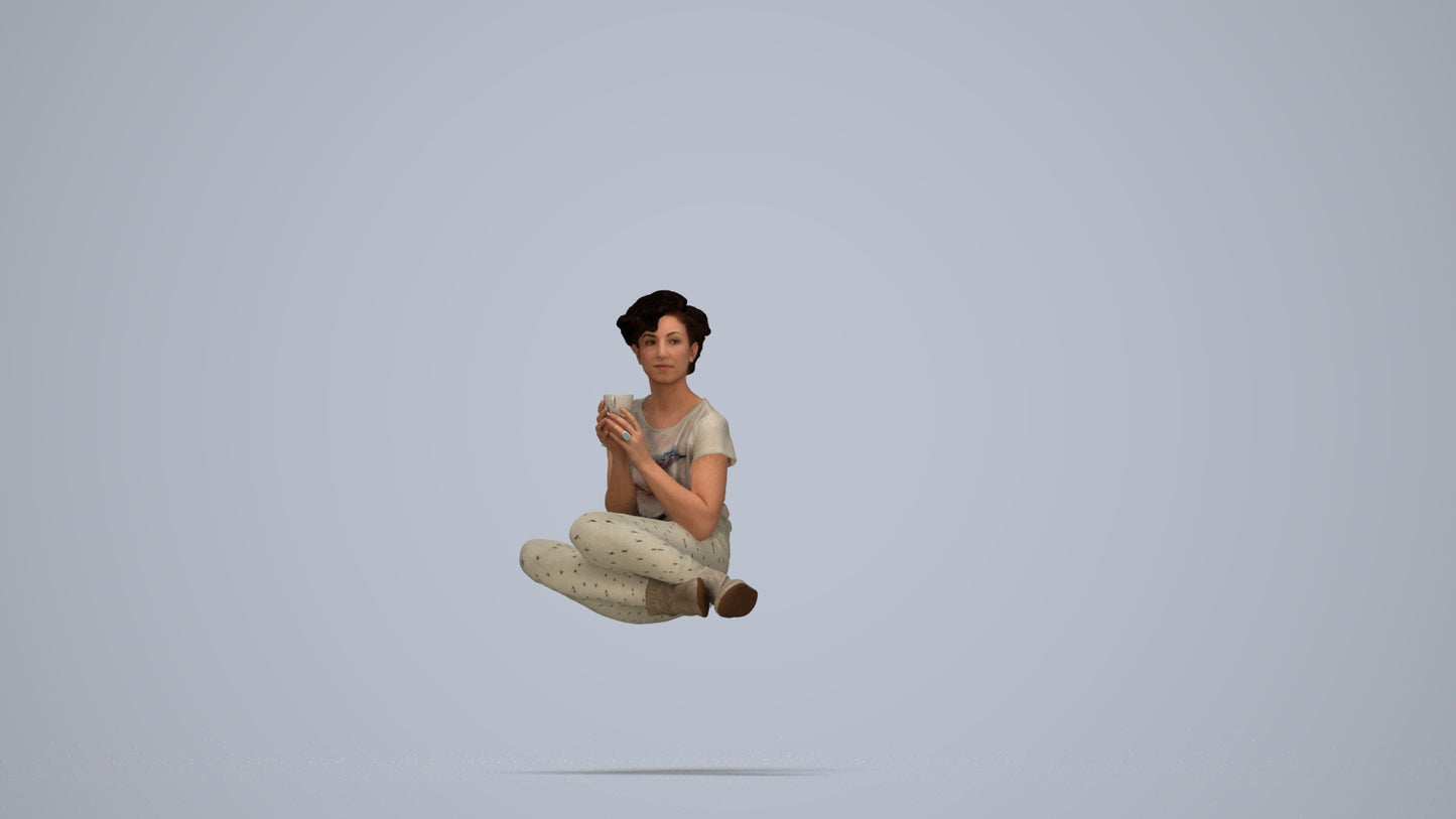 3D human model woman casual sitting, photogrammetry scanned person for archviz, top-down view render