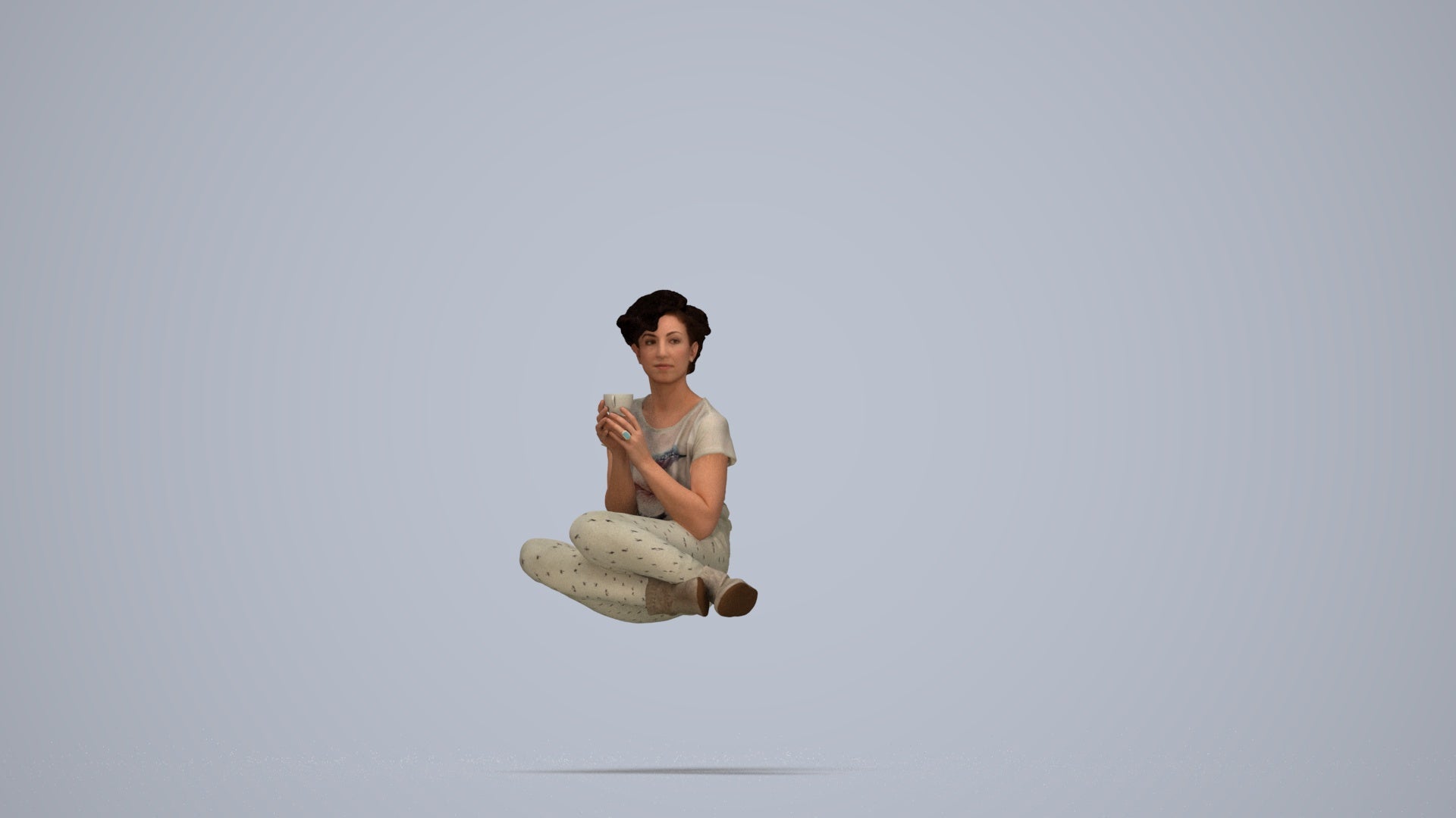 3D human model woman casual sitting, photogrammetry scanned person for archviz, top-down view render