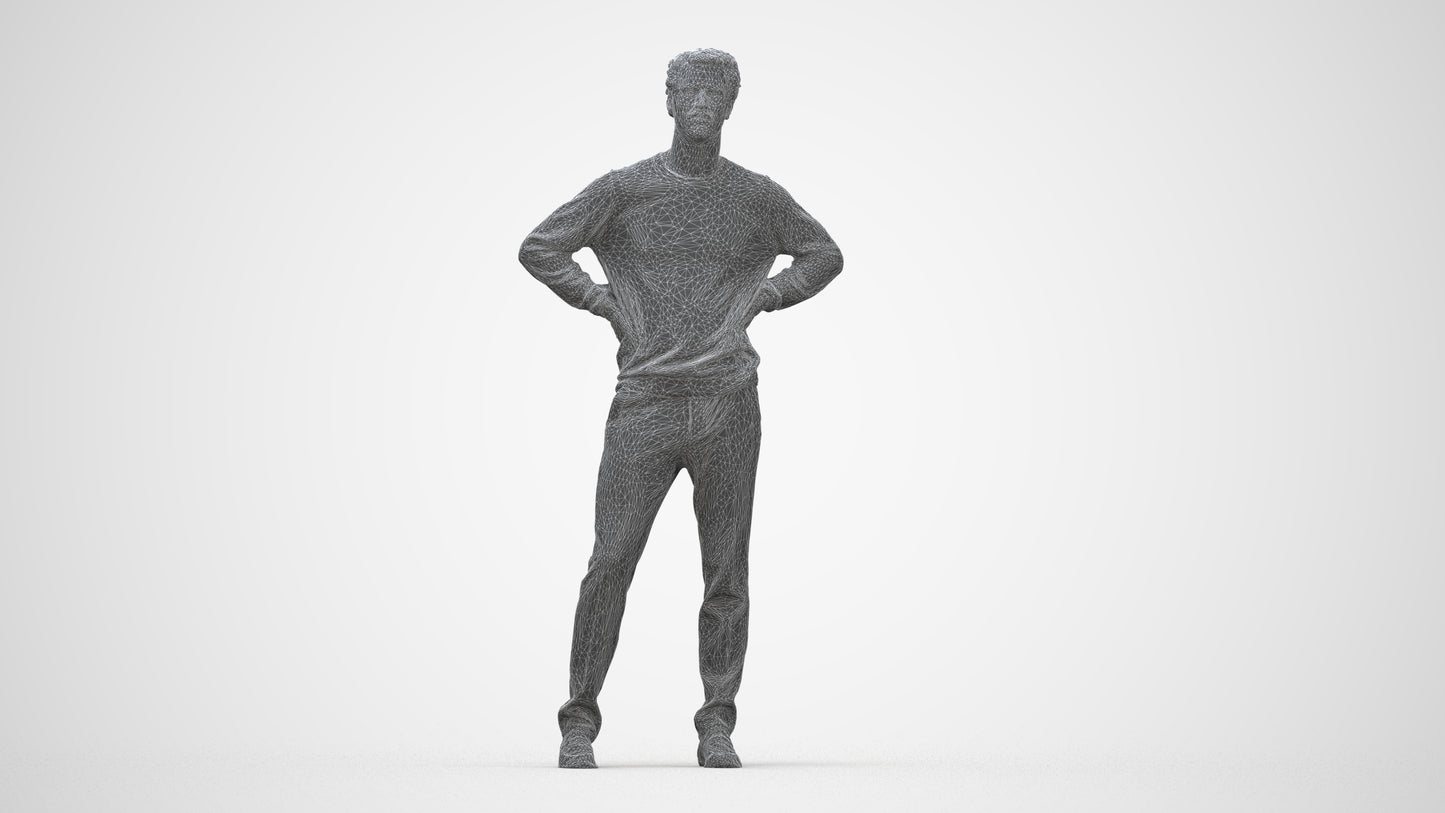 3D human model man casual standing, photogrammetry scanned person for archviz, wireframe back view