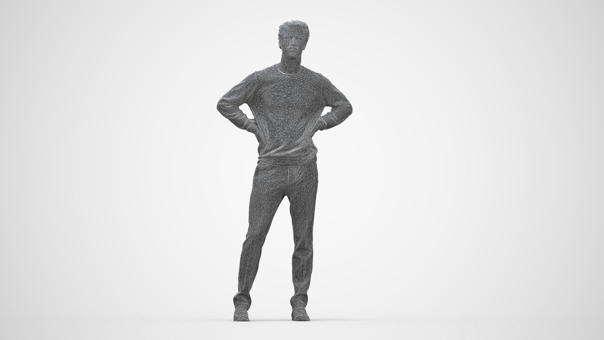 3D human model man casual standing, photogrammetry scanned person for archviz, wireframe back view