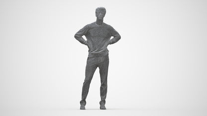 3D human model man casual standing, photogrammetry scanned person for archviz, wireframe back view