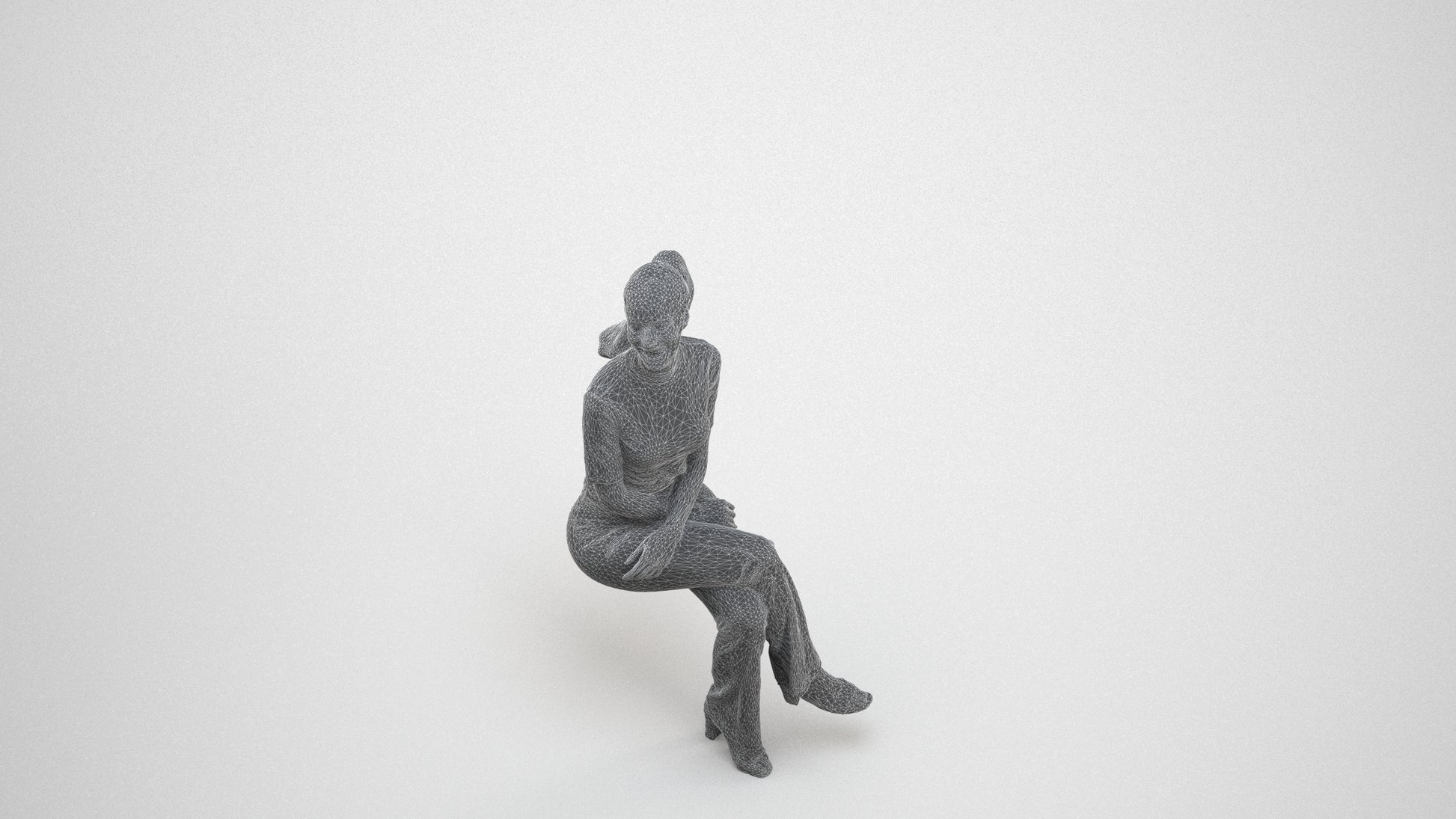 photogrammetry 3D woman casual sitting, realistic human model archviz FBX, wireframe three-quarter view