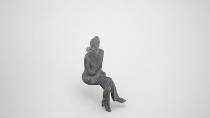 photogrammetry 3D woman casual sitting, realistic human model archviz FBX, wireframe three-quarter view