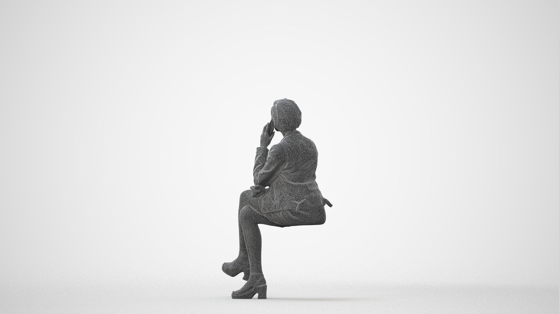 3D human model woman casual sitting, photogrammetry scanned person for archviz, square thumbnail