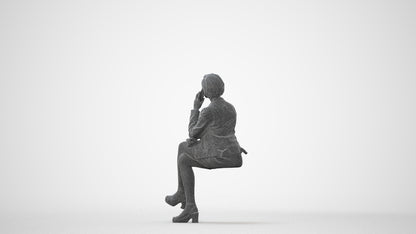 3D human model woman casual sitting, photogrammetry scanned person for archviz, square thumbnail