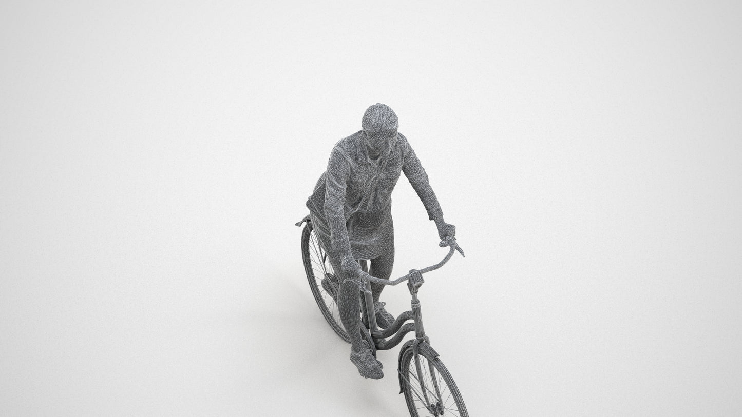 realistic 3D people woman casual cycling, render-ready for V-Ray and Corona, FBX OBJ, wireframe three-quarter view