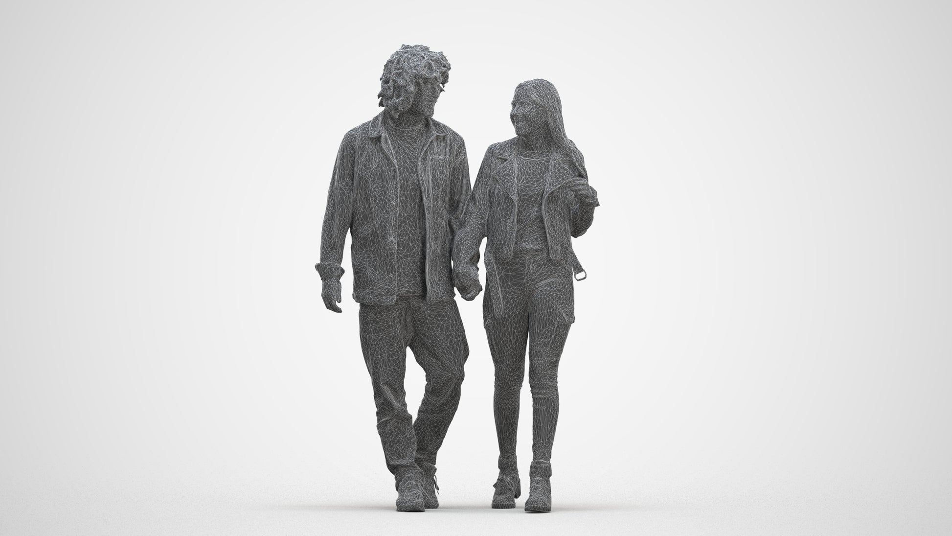 3D human model woman casual shopping, photogrammetry scanned person for archviz, three-quarter front view render