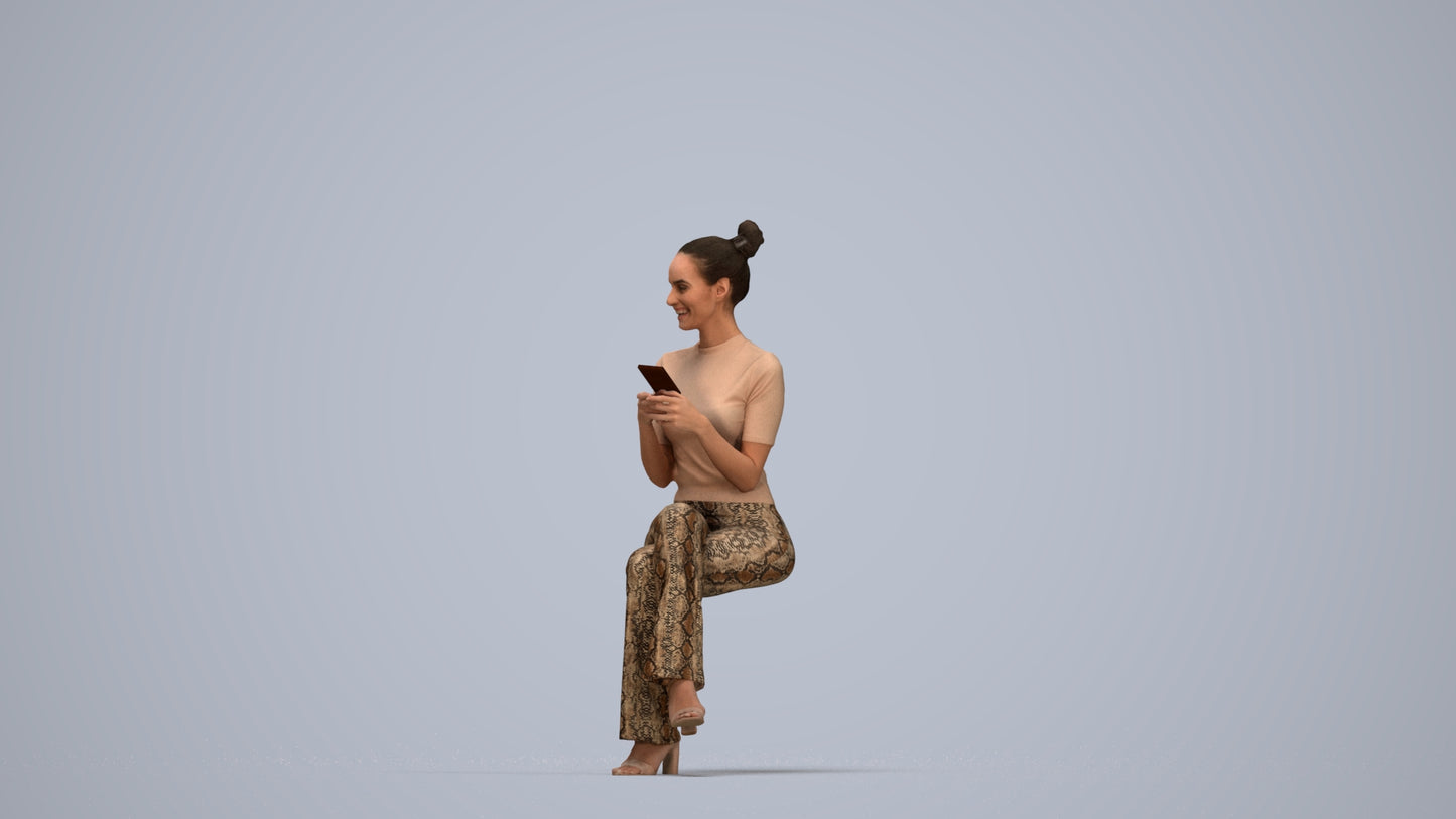 photogrammetry 3D woman casual sitting, realistic human model archviz FBX, top-down view render