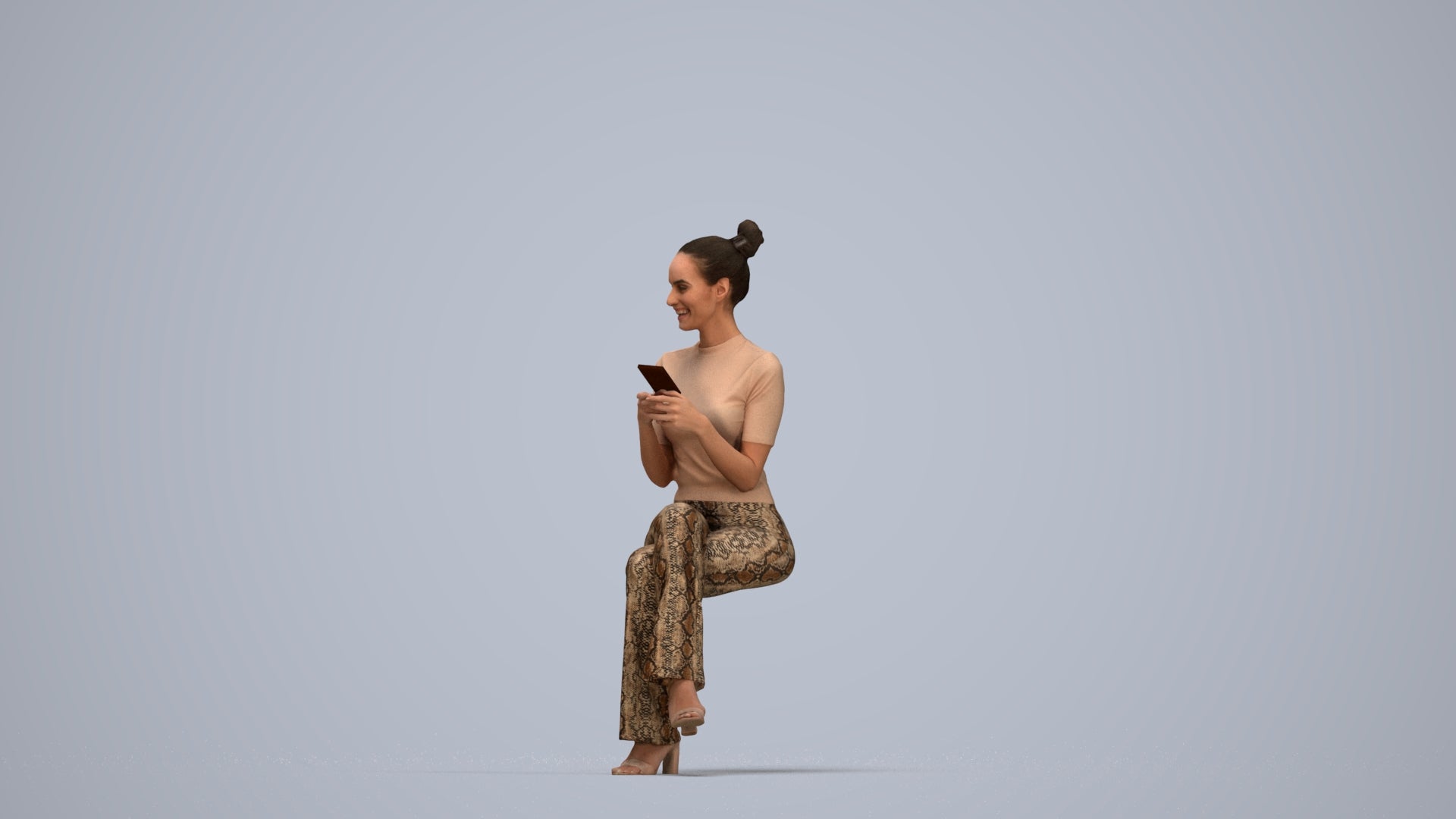 photogrammetry 3D woman casual sitting, realistic human model archviz FBX, top-down view render