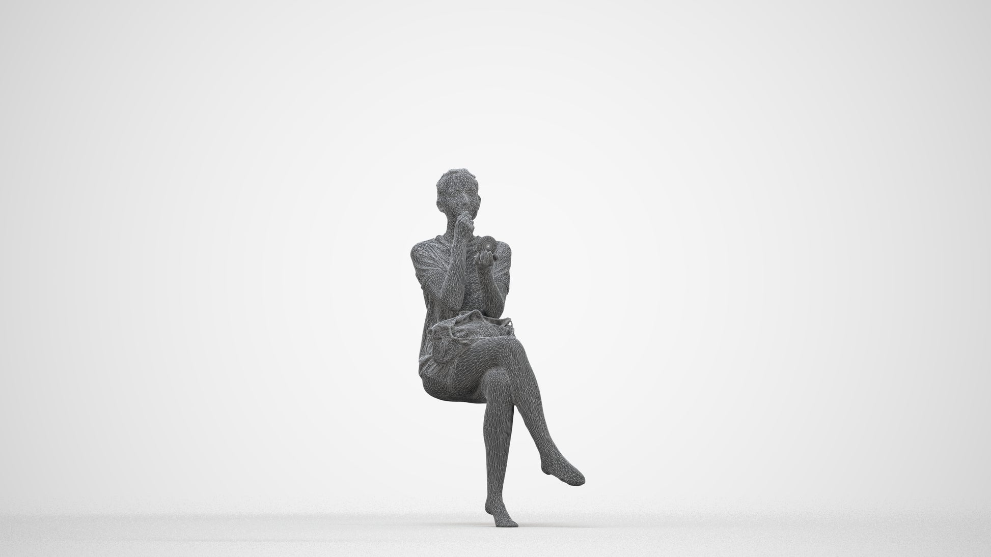 realistic 3D woman casual sitting, scanned archviz people for Blender and 3ds Max, wireframe back view