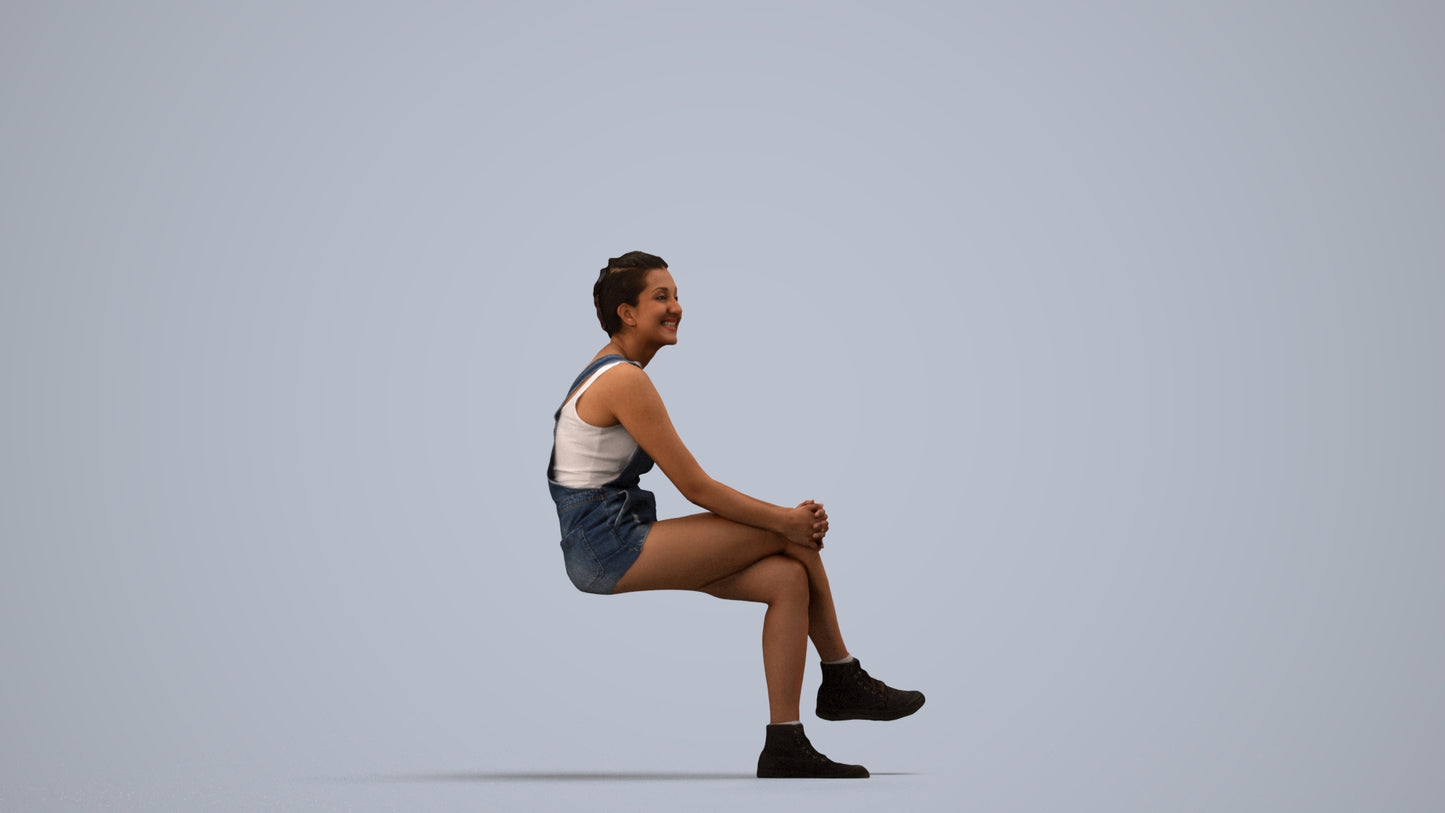 realistic 3D woman casual sitting, scanned archviz people for Blender and 3ds Max, side view render