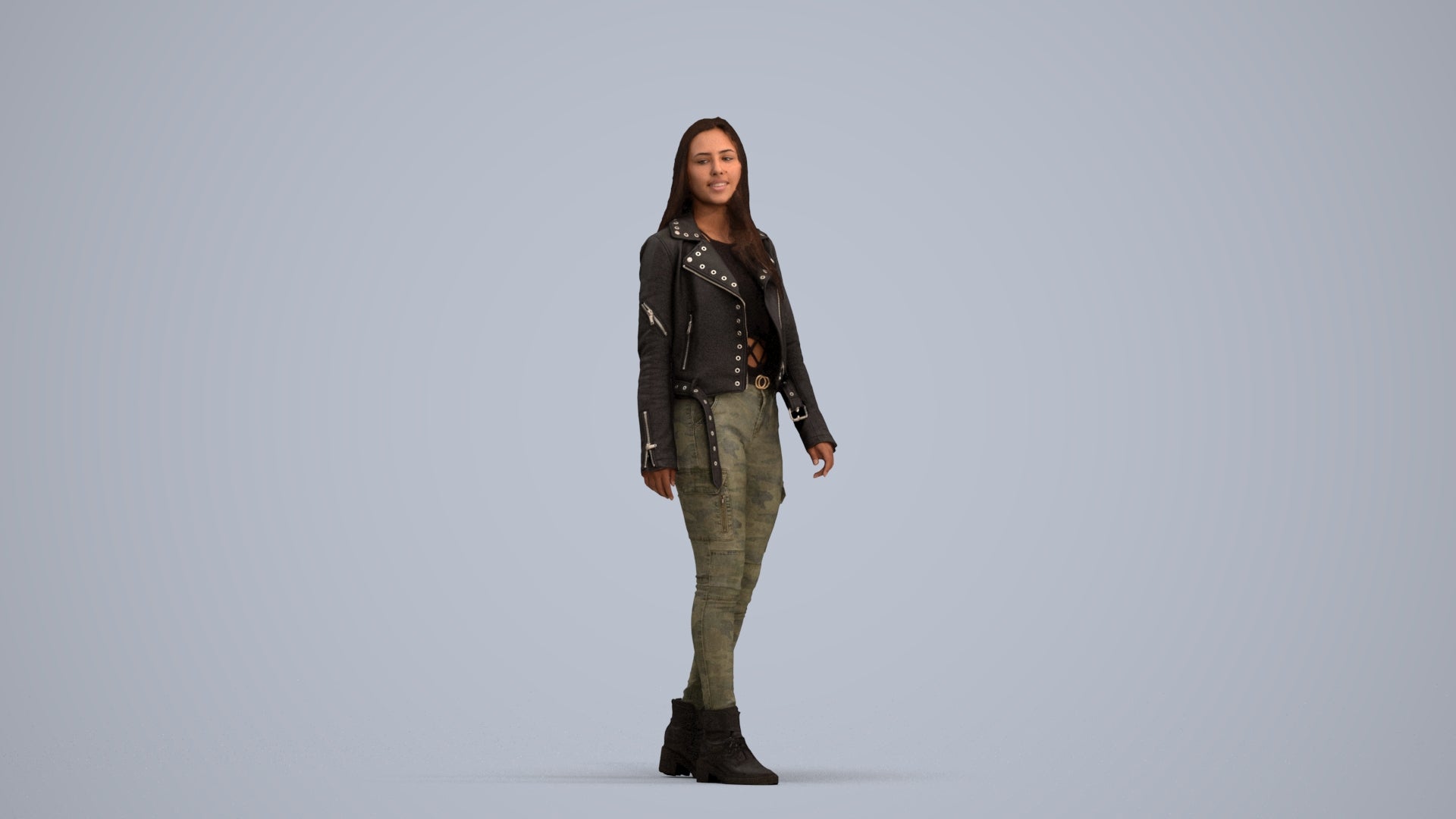 realistic 3D woman casual walking, scanned archviz people for Blender and 3ds Max, standing pose render