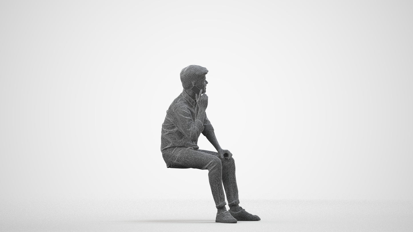 3D scanned man sitting casual, photorealistic archviz people for Enscape and SketchUp, wireframe side view