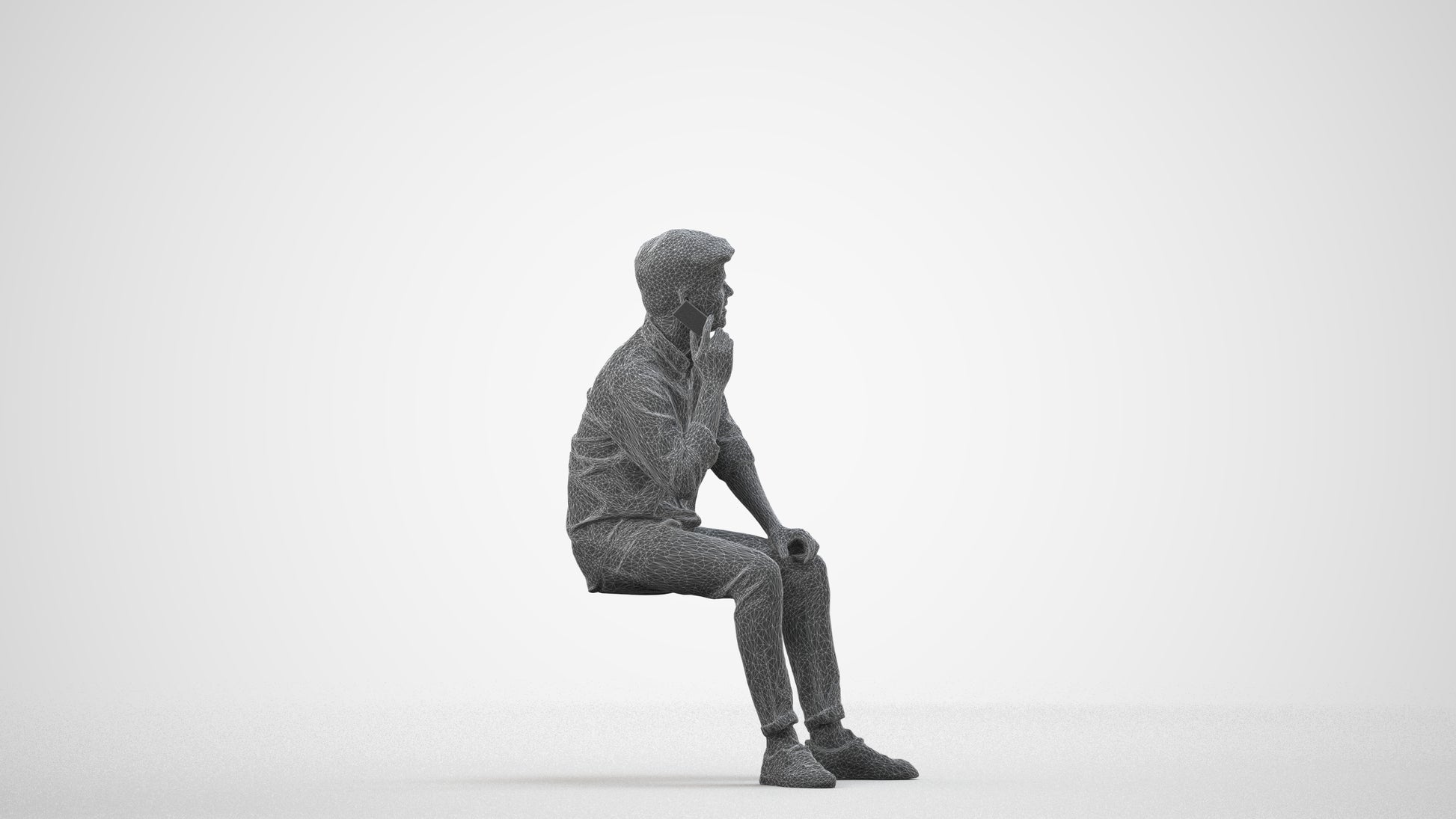 3D scanned man sitting casual, photorealistic archviz people for Enscape and SketchUp, wireframe side view