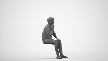 3D scanned man sitting casual, photorealistic archviz people for Enscape and SketchUp, wireframe side view