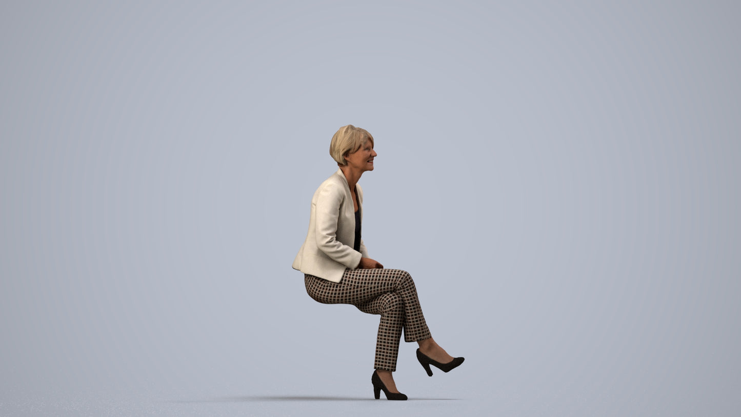 3D human model senior woman business sitting, photogrammetry scanned person for archviz, side view render