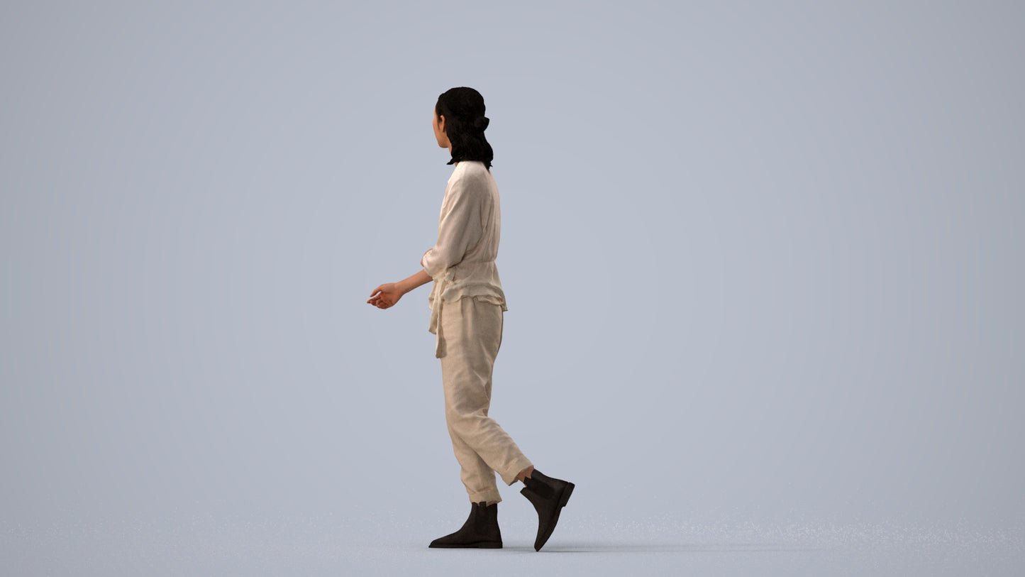 3D people model woman casual walking, scanned human for 3ds Max rendering, three-quarter view render