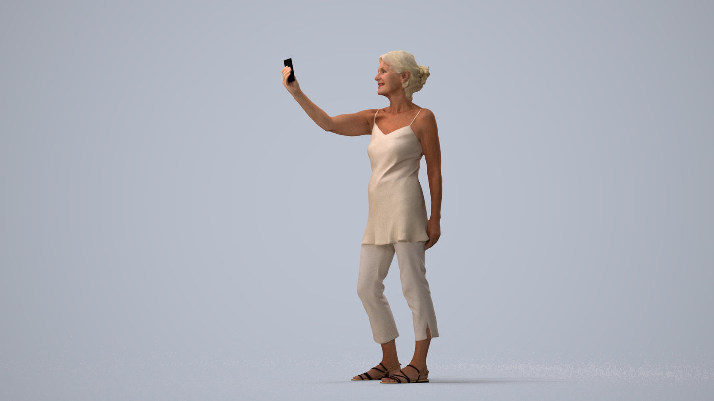 3D human model senior woman casual standing, photogrammetry scanned person for archviz, three-quarter view render