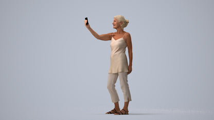 3D human model senior woman casual standing, photogrammetry scanned person for archviz, three-quarter view render