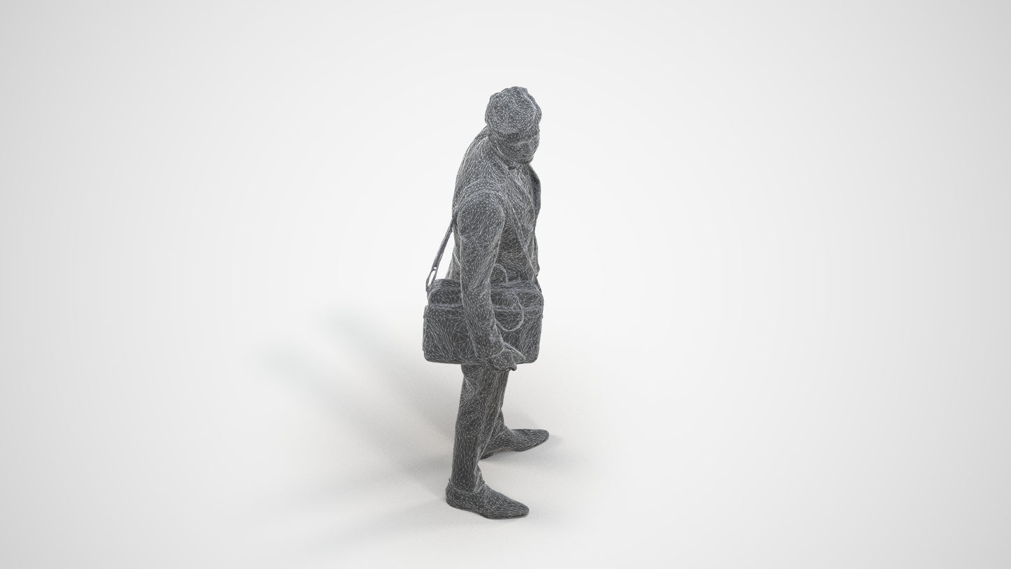 3D human model man business, photogrammetry scanned person for archviz, wireframe three-quarter view