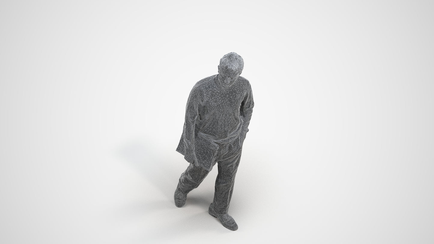 3D people model man casual walking, scanned human for 3ds Max rendering, wireframe three-quarter view