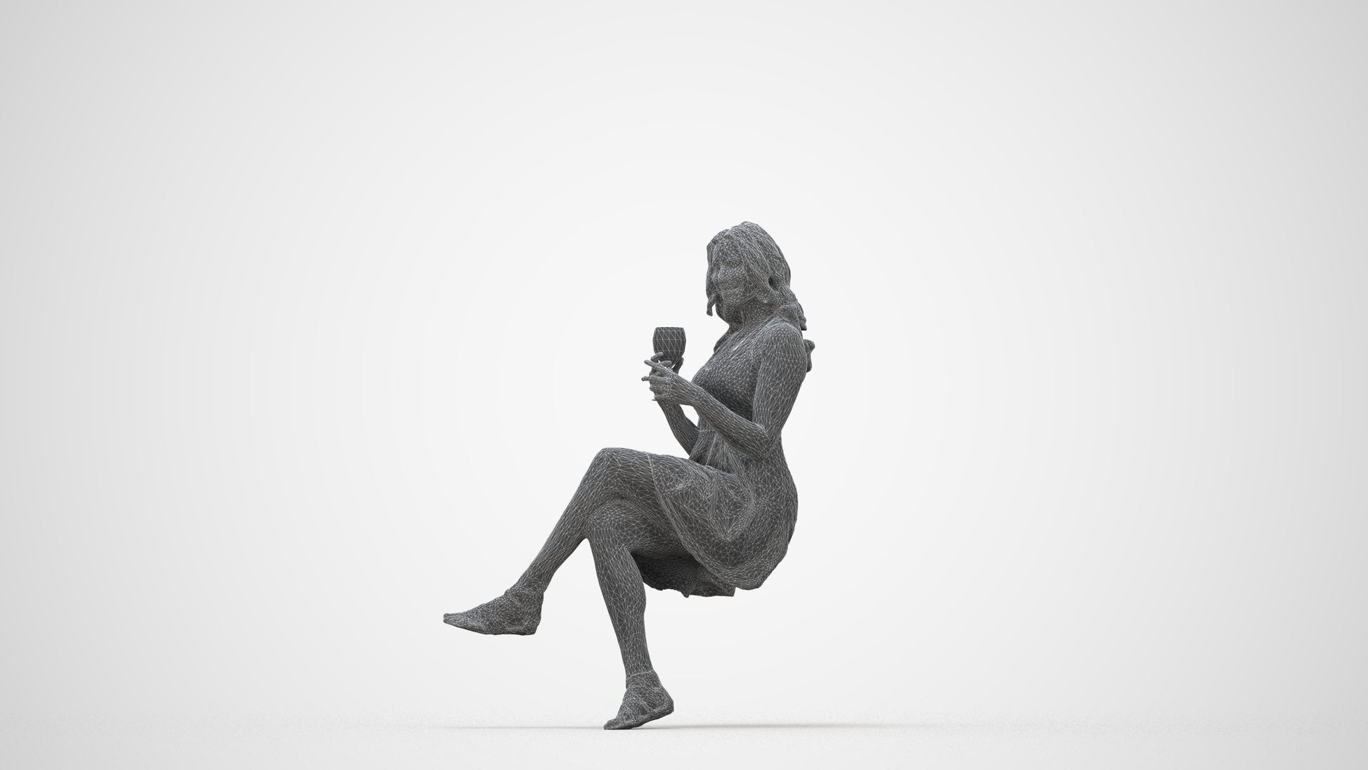 scanned 3D woman sitting, photogrammetry people for Enscape and V-Ray, wireframe back view