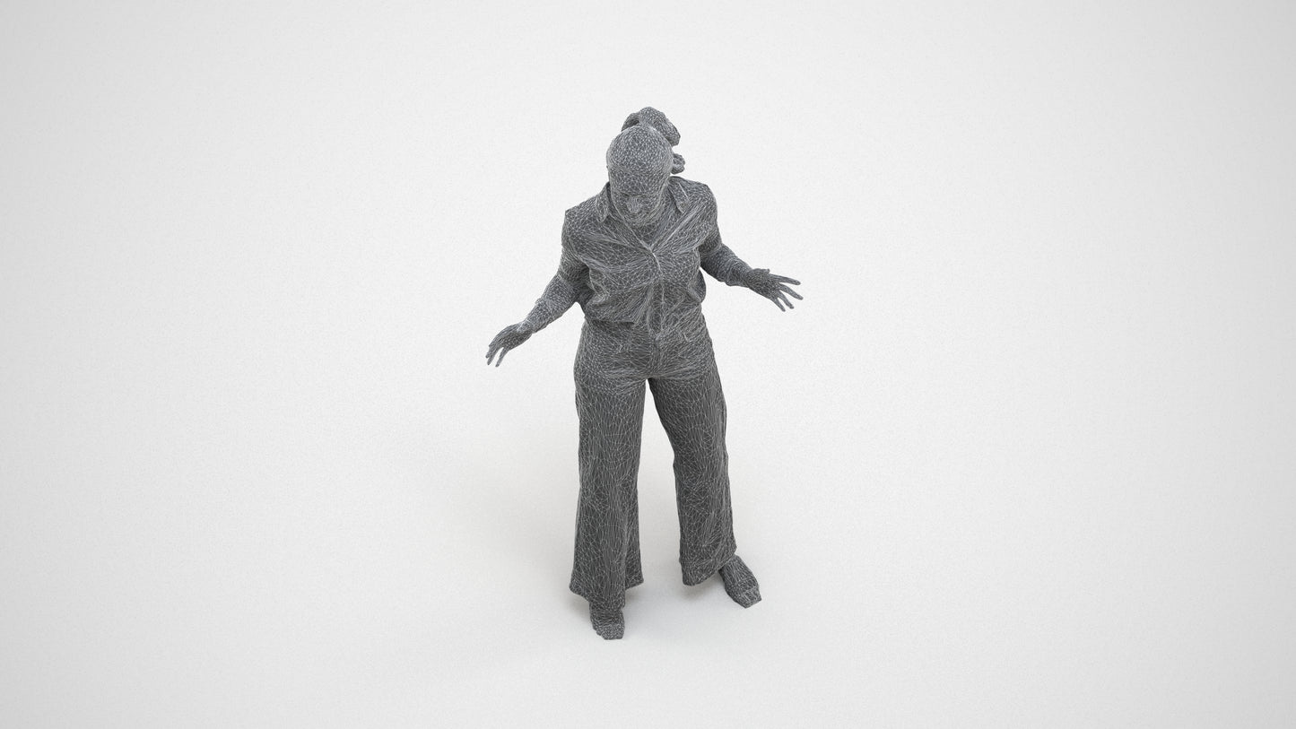 scanned 3D woman casual standing, photogrammetry people for Enscape and V-Ray, wireframe three-quarter view