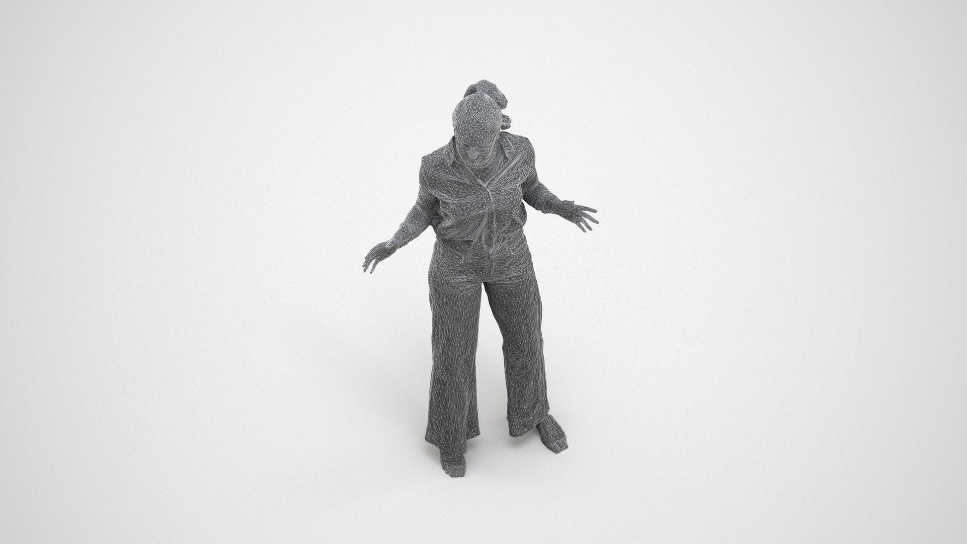 scanned 3D woman casual standing, photogrammetry people for Enscape and V-Ray, wireframe three-quarter view