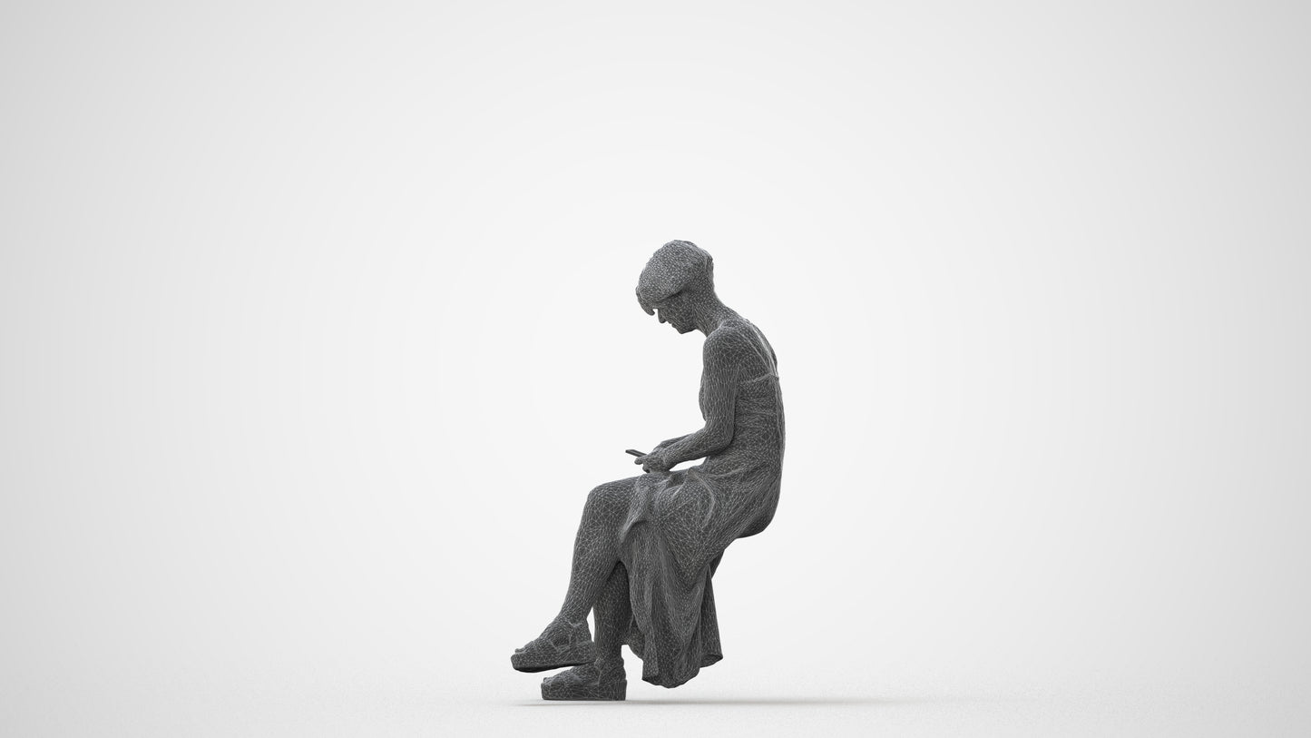 photogrammetry 3D senior woman sitting, realistic human model archviz FBX, square thumbnail