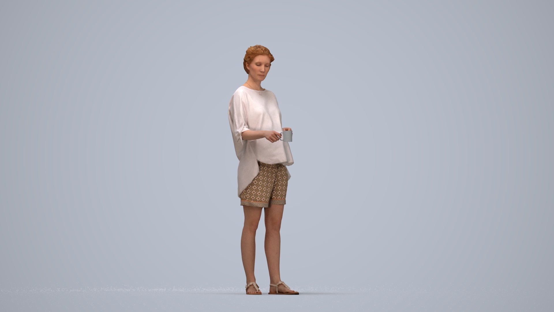 realistic 3D woman casual standing, scanned archviz people for Blender and 3ds Max, top-down view render