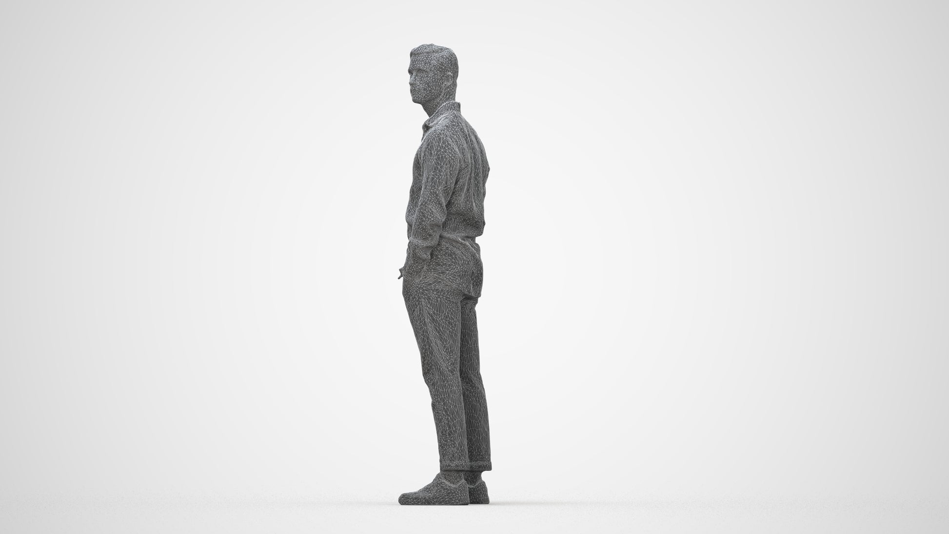 realistic 3D man casual standing, scanned archviz people for Blender and 3ds Max, wireframe back view