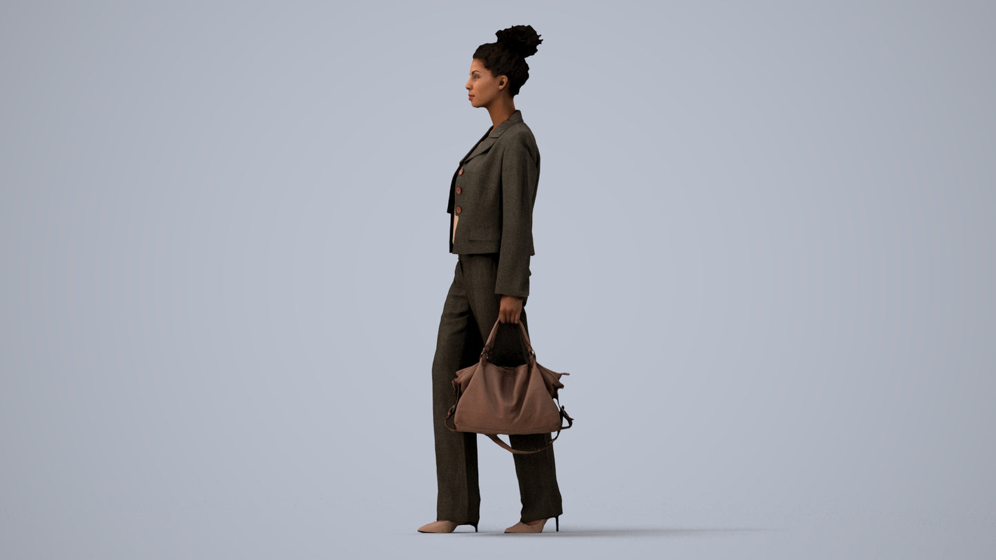 realistic 3D woman business walking, scanned archviz people for Blender and 3ds Max, three-quarter view render
