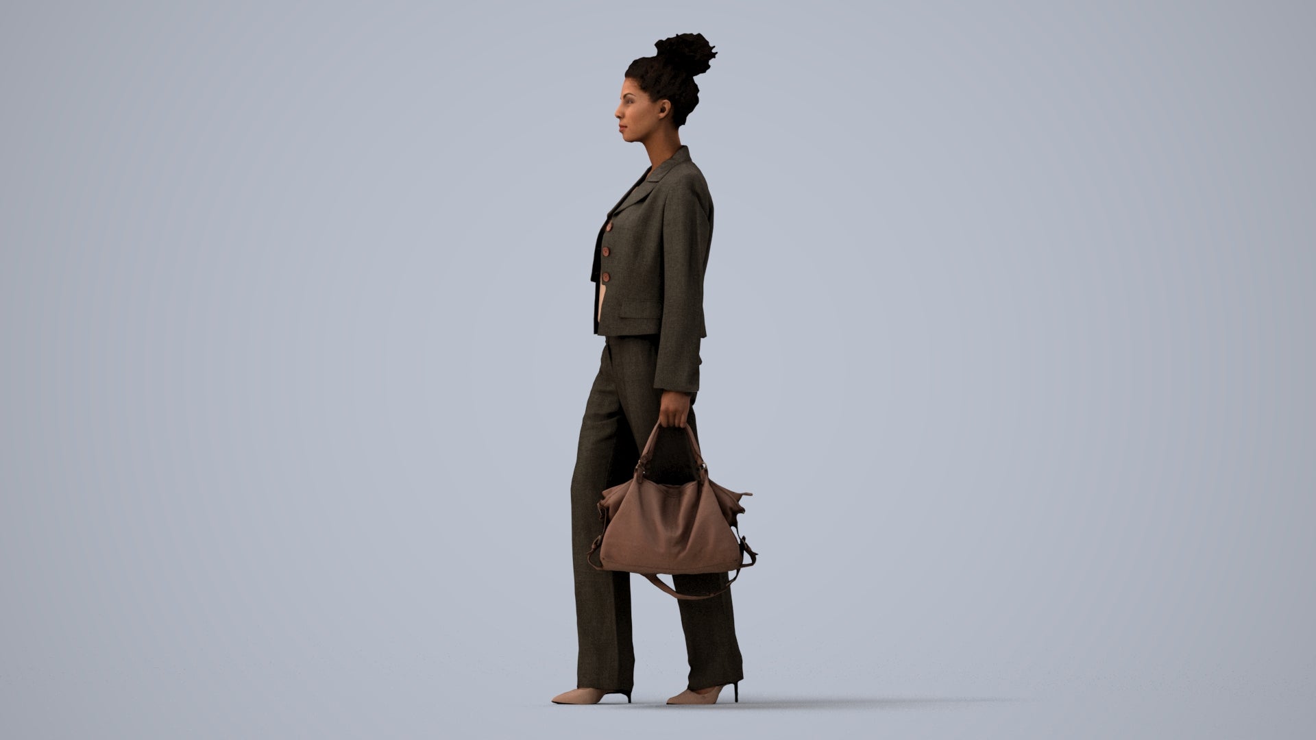 realistic 3D woman business walking, scanned archviz people for Blender and 3ds Max, three-quarter view render