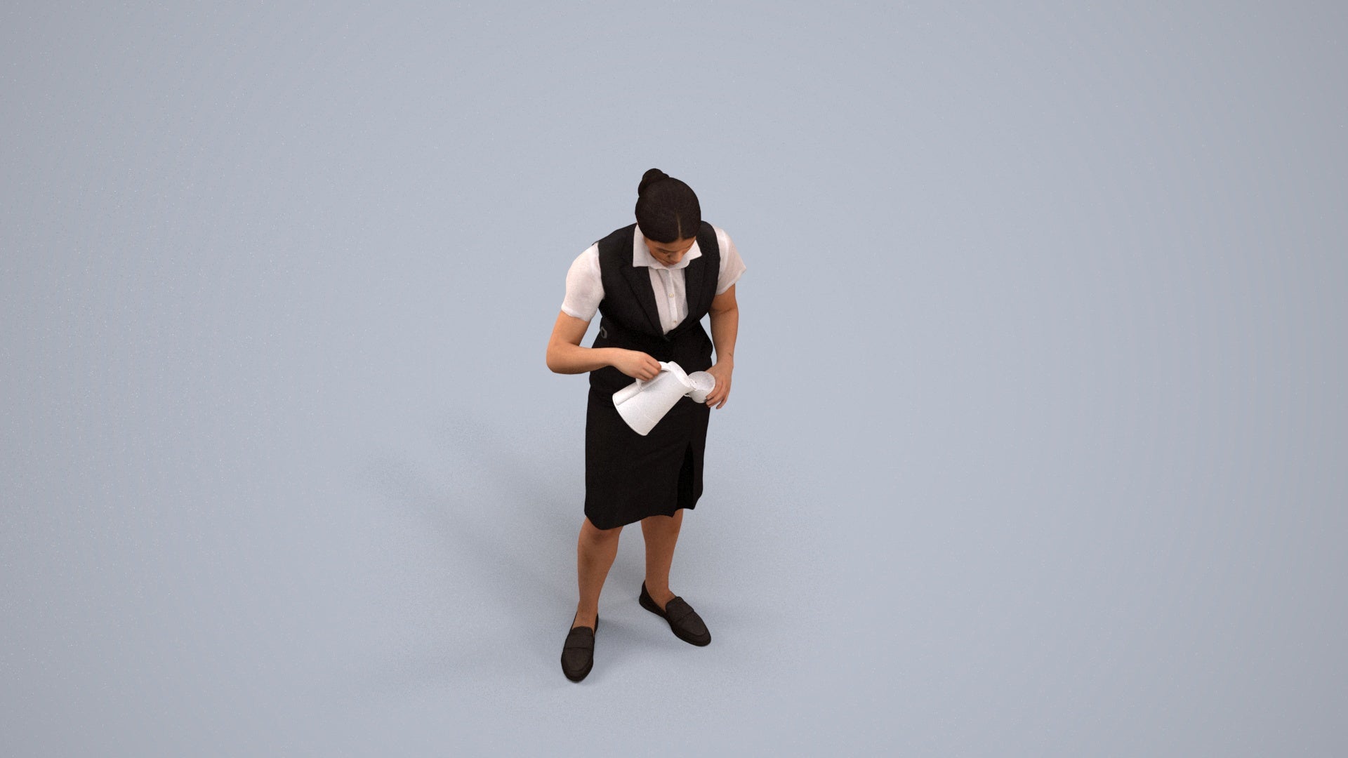 realistic 3D woman hospitality, scanned archviz people for Blender and 3ds Max, back view render