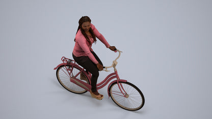3D human model woman casual cycling, photogrammetry scanned person for archviz, back view render