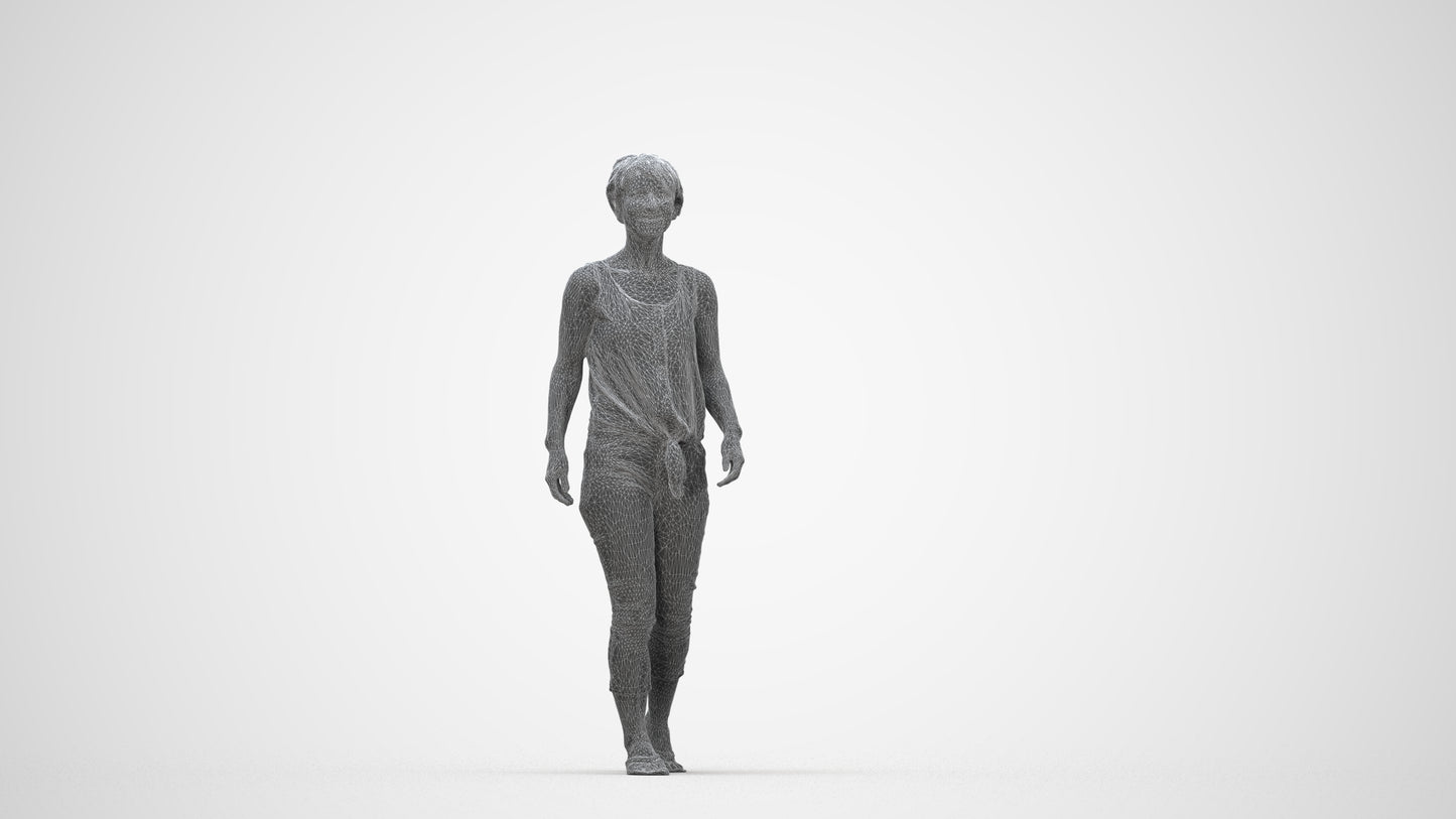 3D human model senior woman walking, photogrammetry scanned person for archviz, wireframe back view