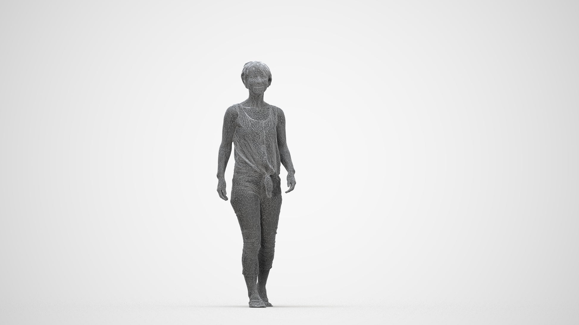 3D human model senior woman walking, photogrammetry scanned person for archviz, wireframe back view
